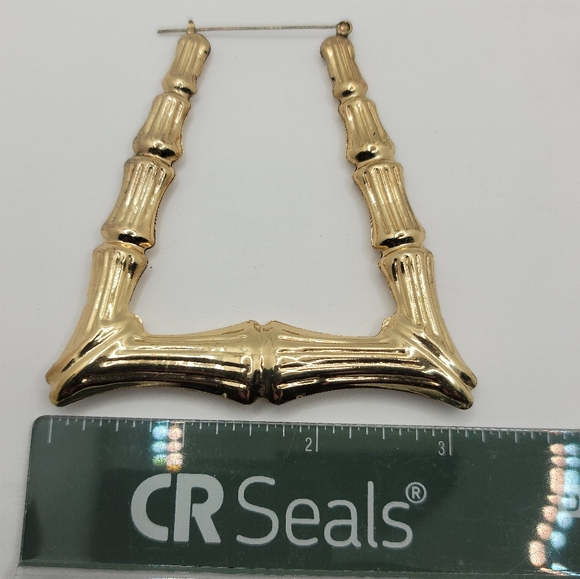 Gold Tone  Metal Bamboo Textured Large Pierced Earrings Vintage - Picture 4 of 4